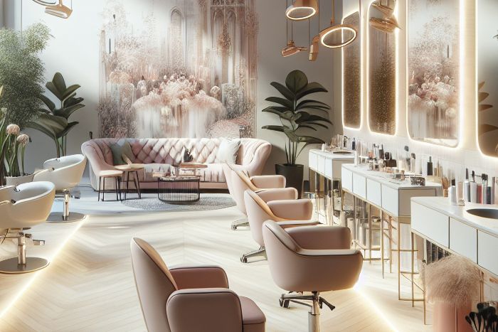 Modernes Interieur des Beauty-Salons mit professioneller Ausstattung und stilvollen Arbeitsplätzen